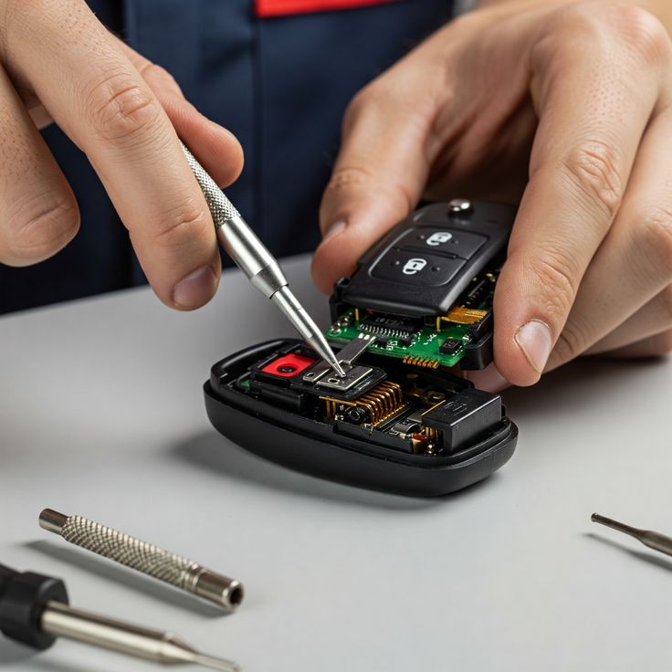 Expert car key technician working on vehicle